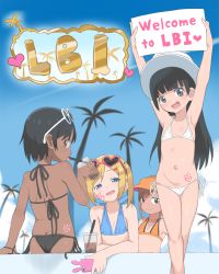 4girls :d armpits arms_up ass bikini black_bikini black_eyes black_hair blonde_hair blue_bikini blue_eyes blue_sky blunt_bangs brown_eyes bubble_tea bubukka butt_crack cellphone cloud coconut_tree commentary copyright_name cowboy_shot cup dark-skinned_female dark_skin day decal_tattoo disposable_cup drinking_straw eyewear_on_head feet_out_of_frame flat_chest from_behind half-closed_eyes happy hat heart heart-shaped_eyewear heart-shaped_sunglasses heart_tattoo highres holding holding_phone holding_sign jewelry loli loli_bitch_island long_hair looking_at_viewer looking_back lowleg lowleg_bikini multiple_girls navel open_mouth orange_bikini orange_headwear original outdoors palm_tree pendant phallic_symbol phone pink-framed_eyewear short_hair side-tie_bikini_bottom sign silhouette sky smartphone_case smile standing sunglasses swimsuit tattoo temporary_tattoo tree twintails visor_cap welcome white-framed_eyewear white_headwear