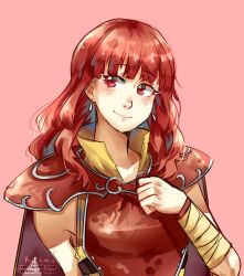 1girl armband armor breastplate cape celica_(fire_emblem) celica_(warrior_princess)_(fire_emblem) earrings fire_emblem fire_emblem_echoes:_shadows_of_valentia fire_emblem_gaiden fire_emblem_heroes highres jewelry long_hair nintendo priestess princess red_armor red_eyes red_hair reriri shirt shoulder_armor smile warrior yellow_armband yellow_shirt
