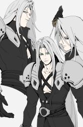 Rule 34 | 1boy, aqua eyes, armor, belt, belt buckle, black coat, black gloves, buckle, chest strap, closed mouth, coat, cropped torso, final fantasy, final fantasy vii, final fantasy vii remake, gloves, grey background, grey hair, hair between eyes, highres, holding, holding sword, holding weapon, light smile, long bangs, long coat, long hair, looking at viewer, male focus, masamune (ff7), multiple belts, multiple views, parted bangs, parted lips, pauldrons, sephiroth, shoulder armor, slit pupils, solo, sword, tongueeeeeee, upper body, weapon