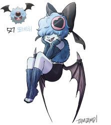 1girl artist_name bat_wings black_shorts blue_hair buck_teeth colored_skin detached_sleeves gen_5_pokemon hair_between_eyes highres nintendo open_mouth personification pokemon pokemon_(creature) reference_inset short_hair shorts simple_background sitting smile solo tamtamdi teeth toeless_legwear white_background wings woobat