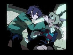 1girl 1other animal_ears antlers black_border black_pants black_shirt blonde_hair border brown_hair checkered_clothes checkered_vest collared_shirt couch covering_another&#039;s_mouth deer_antlers deer_ears deer_girl deer_tail deltarune furry furry_female green_sweater hamusitas highres horns kris_(deltarune) long_hair long_sleeves noelle_holiday on_couch pants red_eyes shirt short_hair single_horizontal_stripe sitting striped_clothes striped_sweater sweat sweater tail tears vest weird_route_(deltarune)