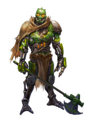 absurdres axe bionicle commentary english_commentary glowing glowing_eyes head_tilt highres holding holding_axe humanoid_robot kanohi_(bionicle) kory_cromie lewa_(bionicle) loincloth looking_at_viewer orange_eyes redesign robot side_cape simple_background the_lego_group white_background