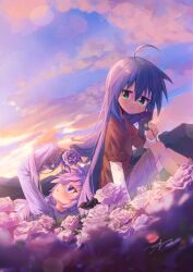 absurdres ap04astral black_bow blue_eyes blue_hair bow brown_shirt dawn field flower flower_field green_eyes hair_flower hair_ornament highres hiiragi_kagami holding holding_flower izumi_konata lucky_star mountain purple_flower purple_hair purple_rose rose shirt smile tying_hair white_shirt