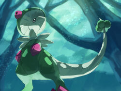 black_eyes breloom claws closed_mouth commentary forest from_below fusenryo gen_3_pokemon light_particles looking_up mushroom nature nintendo outdoors pokemon pokemon_(creature) solo standing tail tree