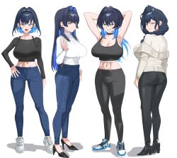1girl :d absurdres armpits arms_behind_head ass back black_bra black_hair black_shoes blue_eyes blue_hair blush bra braid breasts choker cleavage commentary denim english_commentary hair_intakes hand_on_own_hip high_heels highres hololive hololive_english jeans large_breasts long_hair looking_at_viewer midriff multicolored_hair multiple_views navel off_shoulder open_mouth ouro_kronii pants shoes short_hair smile sneakers sports_bra two-tone_hair underwear virtual_youtuber yoga_pants yulmu98999