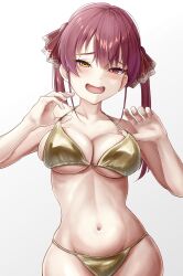 1girl absurdres alternate_costume bare_arms bare_shoulders bikini blush breasts cleavage collarbone commentary fingernails gold_bikini golden_week golden_week_bikini heterochromia highres hokorimokkori hololive houshou_marine large_breasts looking_at_viewer naughty_face navel red_eyes red_hair simple_background smile solo stomach straight-on strap_pull swimsuit twintails virtual_youtuber white_background yellow_eyes