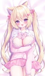 Rule 34 | 1girl, animal ear fluff, animal ears, blonde hair, blush, bow, bowtie, bra, breasts, cardigan, cleavage, collared shirt, hair bow, hair ornament, highres, large breasts, long hair, long sleeves, looking at viewer, momochi chia, open cardigan, open clothes, open mouth, original, panties, pink bow, pink bowtie, pink bra, pink cardigan, pink panties, pink skirt, pleated skirt, purple eyes, shirt, skirt, smile, solo, twintails, underwear, white shirt
