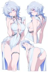 1girl ass bent_over blue_hair blush breasts choker cleavage cleavage_cutout clothing_cutout commentary dress english_commentary evening_gown highres jewelry kami_kuro8 looking_at_viewer looking_back medium_breasts medium_hair purple_eyes shorekeeper_(wuthering_waves) simple_background thighlet wuthering_waves