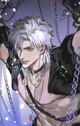 1boy absurdres black_choker chain chain_necklace chained chest_harness choker earrings harness highres jewelry lips liubai_615 looking_ahead love_and_deepspace male_focus medium_hair necklace nipples o-ring o-ring_choker parted_bangs parted_lips pectorals red_eyes solo sylus_(love_and_deepspace) upper_body white_hair
