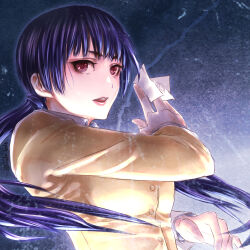 1girl ao_no_exorcist blue_hair highres kamiki_izumo open_mouth qlx_(2399001) red_eyes shirt solo twintails upper_body yellow_shirt