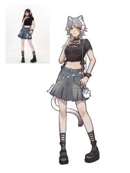 1girl alternate_costume animal_ears black_choker black_shirt black_shoes black_socks cat_ears cat_tail choker cipher_(honkai:_star_rail) clothes_writing crop_top full_body grey_hair grey_skirt highres honkai:_star_rail honkai_(series) midriff miiilkfoam miniskirt navel photo_inset shirt shoes short_hair short_sleeves simple_background skirt socks standing tail white_background white_hair