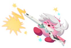 :d absurdres ahoge bow character_name closed_eyes commentary copy_ability elphelt_valentine english_commentary firing green_bow grin guilty_gear guilty_gear_strive gun hairband highres holding holding_gun holding_weapon jojcachu kirby open_mouth pink_hairband rifle smile solo spiked_hairband spikes standing standing_on_one_leg star_(symbol) transparent_background weapon white_hair