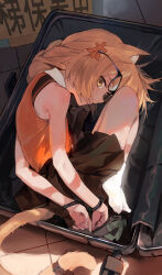 240mmap absurdres animal_ear_fluff animal_ears bare_shoulders blonde_hair box cat_ears cat_girl cat_tail collared_shirt cuffs flat_chest glasses handcuffs highres in_box in_container long_hair looking_at_viewer lying on_side orange_shirt original pleated_skirt restrained shirt skirt suitcase tail yellow_eyes