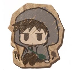 1boy :| bag black_hair cardboard_cutout chibi chibi_only closed_mouth cry_of_fear dot_mouth full_body grey_hoodie hood hood_up hoodie looking_at_viewer male_focus mushroom on_ground short_hair shoulder_bag simon_henriksson sitting solo wu_gusa1ntzzz