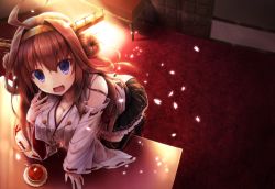 &gt;:d 10s 1girl :d ahoge blue_eyes blush boots breasts brown_hair cleavage cup detached_sleeves double_bun female_focus hair_bun hand_on_own_chest kantai_collection kongou_(kancolle) large_breasts leaning_forward long_hair miniskirt nontraditional_miko open_mouth ribbon-trimmed_sleeves ribbon_trim skirt smile solo suien teacup thigh_boots thighhighs v-shaped_eyebrows zettai_ryouiki