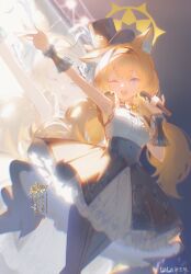 1girl absurdres animal_ear_fluff animal_ears armpits bingyuqin black_choker black_dress black_hat black_pantyhose blue_archive blue_eyes cat_ears cat_girl choker dress flower hat hat_feather hat_flower highres holding holding_microphone looking_at_viewer mari_(blue_archive) mari_(idol)_(blue_archive) microphone official_alternate_costume official_alternate_hairstyle orange_hair pantyhose ribbon sleeveless sleeveless_dress solo striped_clothes striped_pantyhose vertical-striped_clothes vertical-striped_pantyhose wrist_cuffs yellow_flower yellow_ribbon