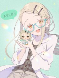 1girl bespectacled blonde_hair blue-framed_eyewear blush chibigurumi collarbone colored_eyelashes dot_nose flat_chest flipped_hair floating_hair gakuen_idolmaster glasses green_background grey_shirt hair_ornament hairclip hands_up highres holding holding_stuffed_toy idolmaster lab_coat long_hair long_sleeves looking_at_viewer open_mouth orange_eyes ozuma_(takarinhoi0621) pants plaid_clothes plaid_shirt rainbow_gradient semi-rimless_eyewear shinosawa_hiro shirt simple_background smile solo speech_bubble star_(symbol) stuffed_toy under-rim_eyewear upper_body white_pants