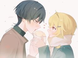 1boy 1girl alternate_costume aqua_jacket aqua_sleeves steamed_bun black_eyes black_hair black_jacket black_undershirt blonde_hair blunt_ends blush casual cheek_bulge contemporary couple dating eyelashes fingernails food food_on_face food_wrapper from_side genshin_impact hair_ornament hairclip head_down hetero highres holding holding_food jacket koyaaya long_sleeves looking_at_another loose_hair_strand lumine_(genshin_impact) notice_lines open_mouth ribbed_collar scaramouche_(genshin_impact) scarf short_hair short_hair_with_long_locks sidelocks teeth tsurime twitter_username upper_teeth_only white_background white_scarf yellow_eyes