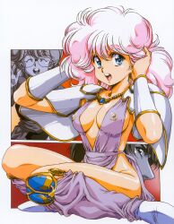 Rule 34 | 1980s (style), 1990s (style), armor, breasts, center opening, cleavage, dress, earrings, highres, jewelry, looking at viewer, nipples, non-web source, official art, oldschool, open mouth, paneled background, pink hair, rance, rance (series), retro artstyle, revealing clothes, round eyewear, see-through clothes, semi-rimless eyewear, shiny skin, shoulder armor, sill plain, sitting, upper body, urushihara satoshi