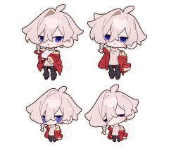 Rule 34 | 1boy, absurdres, ahoge, animal, black pants, black shoes, blonde hair, blush, chibi, chibi only, closed mouth, commentary request, frown, full body, hair between eyes, highres, holding, holding animal, holding rabbit, jacket, male focus, multiple expressions, multiple views, original, outline, pants, purple eyes, rabbit, red jacket, seto (setosan), shoes, single hair intake, sleeves past fingers, sleeves past wrists, sweater, watermark, white background, white sweater