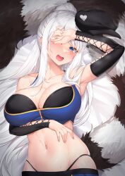 1girl absurdres armpits baseball_cap black_hat black_sleeves blue_eyes blush breasts collarbone commission cross-laced_clothes cross-laced_sleeves deogho_(liujinzy9854) detached_sleeves hat heart highres large_breasts long_hair navel open_mouth original panty_straps ponytail raccoon_tail solo sweat tail white_hair