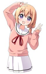 1girl :d arm_up blush commentary cropped_legs dot_nose double_v flower gochuumon_wa_usagi_desu_ka? hair_flower hair_ornament hand_up haru_(konomi_150) highres hoto_cocoa long_sleeves looking_at_viewer medium_hair neck_ribbon open_mouth orange_hair pink_shirt pleated_skirt purple_eyes red_ribbon ribbon sailor_collar shirt simple_background skirt smile solo v white_background white_sailor_collar white_skirt