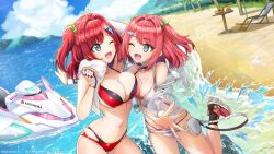 2girls ari banana beach bikini blue_sky breasts cleavage cloud collar dolphin_wave fingerless_gloves food fruit gloves grapes green_eyes hair_intakes hair_ornament hairclip highres jacket jet_ski large_breasts medium_breasts multiple_girls one_eye_closed ootomo_takuji palm_tree pineapple ponytail red_hair sakimiya_iruka sakimiya_kohari see-through_clothes see-through_jacket short_hair siblings sisters sky smile swept_bangs swimsuit towel tree water_drop watercraft watermelon watermelon_slice