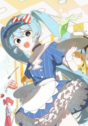 2girls alternate_costume alternate_eye_color apron black_choker black_eyes blue_dress blue_hair buttons ceiling ceiling_light choker cup double-breasted dress flat_chest food fruit glass gloves hair_between_eyes hatsune_miku highres holding holding_plate ice_cream_cup indoors jjeogi38 kasane_teto layered_dress long_hair looking_at_another looking_at_viewer mesmerizer_(vocaloid) multiple_girls open_mouth pinstripe_dress pinstripe_pattern plate poster_(object) red_eyes red_hair restaurant short_dress short_sleeves spork strawberry suspenders sweatdrop teeth twintails upper_teeth_only utau very_long_hair vocaloid waist_apron white_apron white_dress white_wrist_cuffs wrist_cuffs yellow_gloves