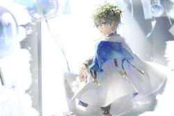 1boy birthday black_shirt blue_hair brown_hair closed_mouth coat commentary earrings english_commentary expressionless eyewear_strap fishnet_gloves fishnets flower from_behind glasses gloves gradient_hair head_wreath highres ike_eveland ike_eveland_(1st_costume) jewelry long_sleeves looking_at_viewer looking_back male_focus multicolored_hair nijisanji nijisanji_en rovaroca shirt sitting solo tassel virtual_youtuber white_coat white_flower yellow_eyes