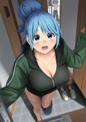1boy 1girl aqua_(konosuba) bare_legs blue_eyes blue_hair borrowed_clothes breasts casual cleavage collarbone contemporary crocs doorway hair_bun highres izawa_(bhive003) jacket kono_subarashii_sekai_ni_shukufuku_wo! large_breasts laundry laundry_basket looking_at_viewer no_pants no_shirt partially_unzipped pov_doorway satou_kazuma shirt single_hair_bun topless_male track_jacket white_shirt