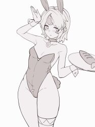 1girl 3gs arm_up bare_shoulders blush bob_cut breasts carrot choker collarbone covered_navel cowboy_shot elsword eve_(elsword) facial_mark female_focus flat_color food greyscale groin hand_up headgear holding holding_food holding_tray leotard looking_at_viewer monochrome parted_bangs parted_lips playboy_bunny rabbit_ears rabbit_tail short_hair short_tail sidelocks simple_background small_breasts solo standing strapless strapless_leotard tail thigh_gap thighs tray white_background wrist_cuffs
