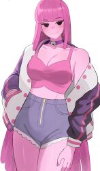 1girl adventure_time black_eyes breasts choker closed_mouth colored_skin commentary crop_top english_commentary hand_on_own_hip high-waist_shorts highres jacket jourd4n large_breasts long_sleeves looking_at_viewer nail_polish open_clothes open_jacket pink_hair pink_nails pink_skin princess_bonnibel_bubblegum purple_choker purple_jacket shorts simple_background smirk solo thighs white_background zipper