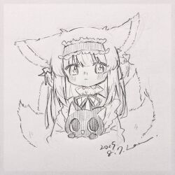 Rule 34 | 1girl, absurdres, animal ears, arknights, cat, dated, fox ears, fox girl, fox tail, frilled hairband, frills, greyscale, hairband, haru (aona1122), highres, kitsune, luo xiaohei zhanji, monochrome, neck ribbon, official alternate costume, ribbon, suzuran (arknights), suzuran (spring praise) (arknights), tail, traditional media