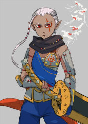 1girl ahoge armor bad_id bad_pixiv_id bracer braid dark-skinned_female dark_skin facial_tattoo female_focus hand_on_hilt huge_ahoge huge_weapon hyrule_warriors impa nintendo pointy_ears red_eyes sarashi shaingtao side_braid solo tattoo the_legend_of_zelda weapon