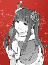 1girl absurdres black_hair breasts christmas flying_witch fur-trimmed_jacket fur_trim green_eyes greyscale greyscale_with_colored_background hair_ornament half-closed_eyes hat highres hood hoodie ishizuka_chihiro jacket kowata_makoto large_breasts long_hair looking_at_viewer mini_hat monochrome parted_lips red_background santa_hat smile solo star_(symbol) twintails upper_body