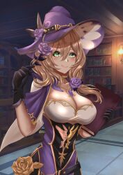 1girl black_gloves blonde_hair blush book breasts cleavage closed_mouth commentary_request dress flower gem genshin_impact gloves green_eyes hair_between_eyes hair_flower hair_ornament hands_up hat highres holding holding_book holding_flower indoors large_breasts lisa_(genshin_impact) long_hair nakura_haru purple_flower purple_gemstone purple_hat smile solo witch_hat