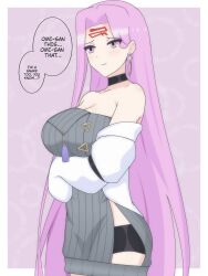 1girl absurdres black_choker black_shorts blush breasts choker collarbone cosplay dani_(angrymatthew) ear_piercing earrings english_text eyebrows_hidden_by_hair eyes_visible_through_hair facial_mark fate/grand_order fate/stay_night fate_(series) forehead_mark highres jewelry large_breasts long_hair looking_to_the_side medusa_(fate) medusa_(rider)_(fate) mrs._snake_(fate)_(cosplay) mrs._snake_(fate) piercing purple_eyes purple_hair short_shorts shorts square_pupils strapless sweater very_long_hair