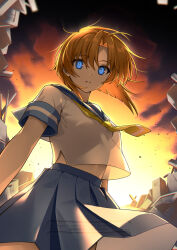 1girl blue_eyes blue_sailor_collar blue_skirt chromatic_aberration cowboy_shot highres higurashi_no_naku_koro_ni junkyard konogi_nogi looking_at_viewer midriff_peek neckerchief orange_hair orange_sky pleated_skirt ryuuguu_rena sailor_collar school_uniform serafuku shirt short_sleeves skirt sky slit_pupils solo sunset watermark white_shirt yellow_neckerchief