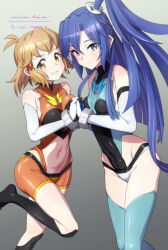 Rule 34 | 2girls, aqua leotard, aqua theme, black leotard, black thighhighs, blue hair, blush, breasts, brown eyes, brown hair, closed mouth, commission, covered navel, cuffs, from side, grey background, groin, handcuffs, holding hands, interlocked fingers, kazanari tsubasa, large breasts, leotard, long hair, looking at viewer, multicolored leotard, multiple girls, open mouth, orange leotard, purple eyes, senki zesshou symphogear, short hair, side ponytail, simple background, small breasts, smile, standing, standing on one leg, stomach, tachibana hibiki (symphogear), thighhighs, two-tone leotard, uganda (ugandam 00), undersuit, very long hair