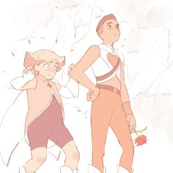1boy 1girl 55bata6rou belt blush bow_(she-ra) closed_mouth constricted_pupils dark-skinned_male dark_skin feet_out_of_frame flower glimmer_(she-ra) hand_on_own_hip hands_up heart heart_print highres holding holding_flower multicolored_hair pants red_flower she-ra_and_the_princesses_of_power shirt short_hair standing tree two-tone_hair white_background