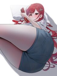 Rule 34 | 1girl, absurdres, agnamore, akane lize, ass, ass focus, blush, cellphone, denim, denim shorts, hair ornament, highres, holding, holding phone, long hair, looking at viewer, lying, mole, mole under eye, on side, parted lips, phone, red eyes, red hair, shirt, short sleeves, shorts, sidelocks, smartphone, solo, stellive, white shirt