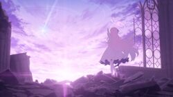 1girl blue_archive cloud dress european_architecture gradient_sky halo highres landscape long_dress meteor mika_(blue_archive) morning outdoors pink_hair pink_sky ruins sky standing sunrise tea_party_(blue_archive) wings yuma_(lyq_yume)