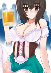 1girl alcohol beer beer_mug blush breasts brown_eyes brown_hair cleavage dirndl female_focus german_clothes girls_und_panzer large_breasts looking_at_viewer mug nishizumi_maho te2