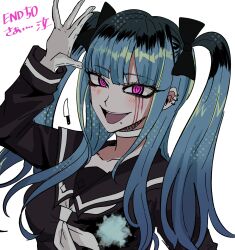 Rule 34 | 1girl, absurdres, amemiya darumi, black hair, black serafuku, blue hair, bow, ear piercing, gloves, hair bow, highres, hole in chest, hole on body, jitsu (g2jitsu jitsune), knife, last defense academy school uniform, long hair, looking at viewer, multicolored hair, piercing, pink eyes, roots (hair), school uniform, serafuku, simple background, smile, solo, the hundred line -last defense academy-, twintails, waving, white background, white gloves