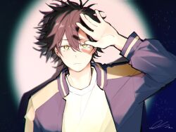 Rule 34 | 1boy, black hair, blue jacket, cheng xiaoshi, closed mouth, hair between eyes, hand up, hanmdin, jacket, long sleeves, looking at viewer, male focus, multicolored jacket, open clothes, open jacket, shadow, shiguang dailiren, shirt, short hair, signature, solo, spotlight, upper body, white shirt, yellow eyes, yellow jacket