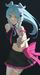 :3 absurdres alternate_costume arm_bow arm_ribbon asymmetrical_legwear asymmetrical_sidelocks backlighting bare_shoulders black_background black_choker black_shirt black_skirt blue_eyes blue_hair blue_nails blue_wings bow bow_skirt bracelet breasts choker closed_mouth collared_shirt colored_tips commentary crop_top cross-shaped_pupils elira_pendora english_commentary eyebrows_hidden_by_hair fingernails floating_hair frilled_skirt frills fur_armlet fur_bracelet hair_over_shoulder hair_wings half-closed_eyes head_tilt head_wings heterochromia highres idol idol_clothes jewelry karassawa large_bow leaning_forward light_blush light_smile long_eyelashes long_hair looking_at_viewer looking_to_the_side medium_breasts midriff miniskirt multicolored_hair multicolored_shirt narrowed_eyes navel necktie nijisanji nijisanji_en outstretched_arm parted_bangs parted_hair pink_bow pink_necktie pink_ribbon pink_shirt pink_skirt pink_trim pleated_skirt raised_eyebrows ribbon shirt short_necktie single_thighhigh skirt sleeveless sleeveless_shirt smile split_mouth standing striped_blush symbol-shaped_pupils thick_eyelashes thigh_strap thighhighs thighs tsurime two-tone_hair two-tone_skirt two-tone_wings v very_long_hair white_eyes white_hair white_shirt white_thighhighs white_wings wing_collar wings
