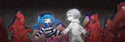 1boy 1girl amemiya_darumi aotsuki_eito black_hair blue_hair closed_eyes glasses heart highres holding_hands jacket long_hair long_sleeves night night_sky open_mouth pink_thighhighs safety_pin shirt sky standing star_(sky) striped_clothes striped_shirt the_hundred_line_-last_defense_academy- thighhighs twintails white_hair white_jacket