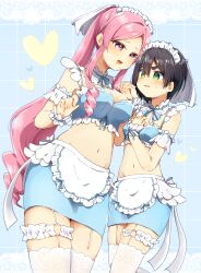 Rule 34 | 2girls, absurdres, age difference, alternate eye color, apron, black hair, breasts, crop top, female focus, hanazono hahari, haraga kurumi, highres, kimi no koto ga dai dai dai dai daisuki na 100-nin no kanojo, large breasts, long hair, looking at another, maid, maro (hpms7727), matching hair/eyes, mature female, multiple girls, navel, onee-loli, pink eyes, pink hair, ponytail, short hair, small breasts, waist apron, yuri