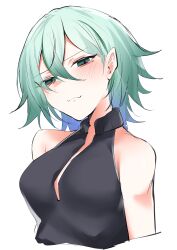 1girl absurdres bare_shoulders black_shirt blue_eyes blue_hair blush breasts closed_mouth commentary_request copyright_request cropped_torso gradient_hair green_hair half-closed_eyes head_tilt highres looking_at_viewer medium_breasts multicolored_hair pointy_ears shirt simple_background sleeveless sleeveless_shirt solo upper_body virtual_youtuber white_background yuki_maccha_(yukimattya10)