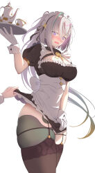 1girl alternate_costume apron black_dress black_thighhighs blush breasts cleavage clothes_lift cup dress enmaided fate/grand_order fate_(series) green_hair hair_between_eyes highres huyan_zhuo_(fate) huyan_zhuo_(fgo_fes._2025)_(fate) large_breasts long_hair looking_at_viewer maid maid_headdress multicolored_hair official_alternate_costume open_mouth puffy_short_sleeves puffy_sleeves purple_eyes short_sleeves skirt skirt_lift solo_focus streaked_hair teacup teapot thick_thighs thighhighs thighs tray umi_endu very_long_hair waist_apron white_apron white_hair wrist_cuffs